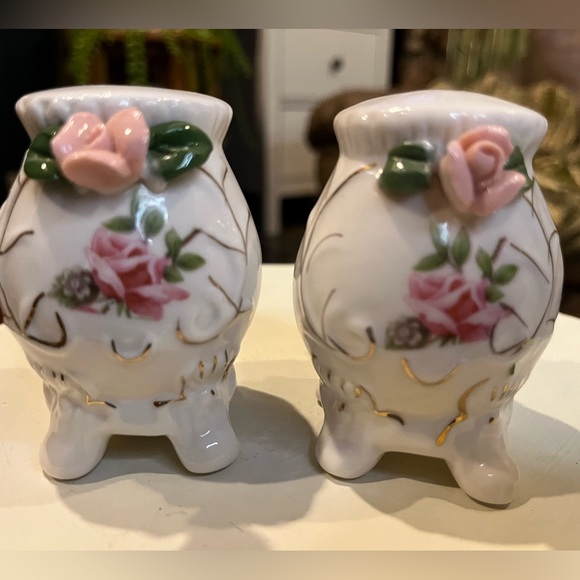 Vintage German Bone China Rose and Gold Leaf Salt and Pepper Set, Cottage Core - Picture 2 of 8